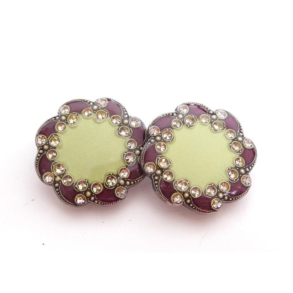 Deep Red & Gold Enamel Clear‎ Rhinestone Resin Vintage Silver Tn Earrings
